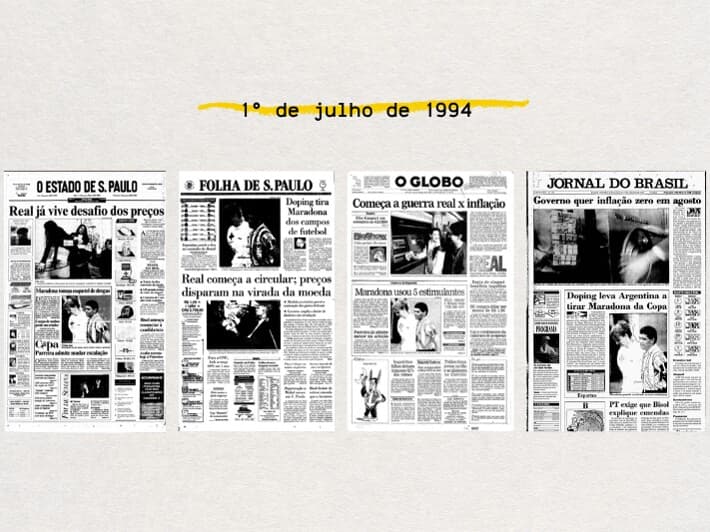 Capas dos principais jornais de circulação nacional no país no dia em que as cédulas de real começaram a circular.  - Arte Congresso em Foco