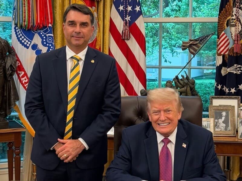Flávio encontrou com Trump no fim de maio, nos EUA. - Reprodução