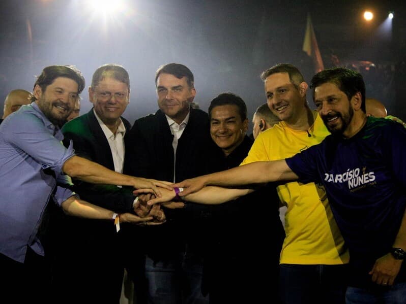 Da esquerda para a direita:Felício Ramuth, Tarcísio, Flávio, Marcos Pereira, Derrite e Ricardo Nunes. - Aloisio Mauricio /Fotoarena/Folhapress