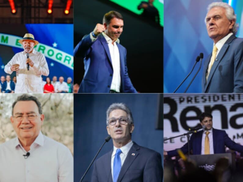 A distribuição do horário eleitoral é definida pelo tamanho das bancadas na Câmara. - Montagem Congresso em Foco | Ricardo Stuckert/PR | Gabriel Pinheiro / CNI | MPF | Divulgação Flávio Bolsonaro/ Augusto Cury | Reprodução/Instagram 