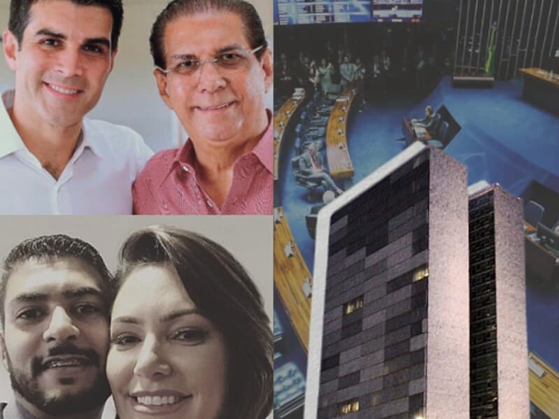 Em sentido horário: Helder e o pai Jader Barbalho; Sandra e o marido Eduardo Braga; Bia Kicis e o filho Samuel; Diego Torres e a irmã Michelle Bolsonaro. - Montagem Congresso em Foco
