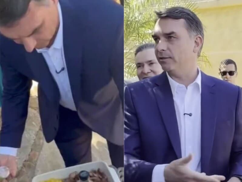 Flávio serve churrasco a jornalistas. - Reprodução/YouTube