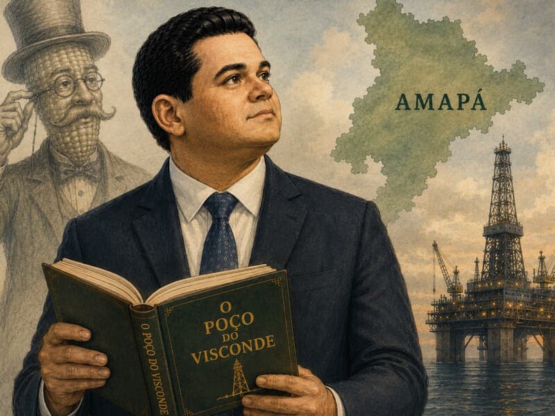 Descoberta na costa do Amapá reforça discurso de Davi Alcolumbre e revive, quase 90 anos depois, o nacionalismo desenvolvimentista de Monteiro Lobato em O Poço do Visconde. - Ilustração/Congresso em Foco/ChatGPT