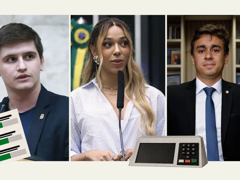 Lucas Pavanato, Erika Hilton e Nikolas Ferreira foi os campeões de voto desta eleição; deputado mineiro alcançou votação recorde. - Pedro Ladeira/Folhapress | Reprodução/Instagram com Arte Congresso em Foco