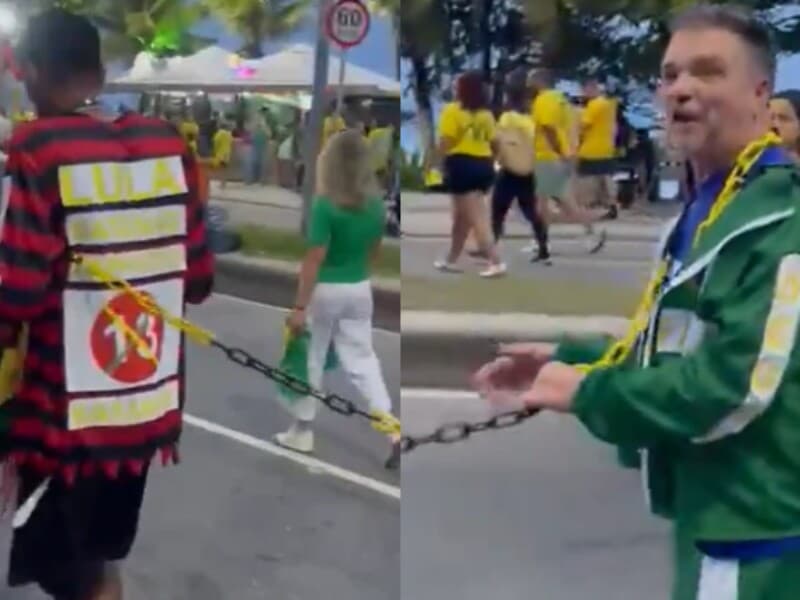 Apoiador de Flávio leva homem negro acorrentado a ato no Rio. - Reprodução