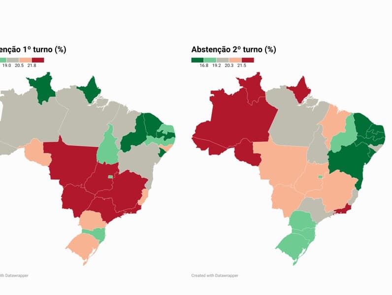 Mapa da abstenção no primeiro e no segundo turno. - Arte Congresso em Foco