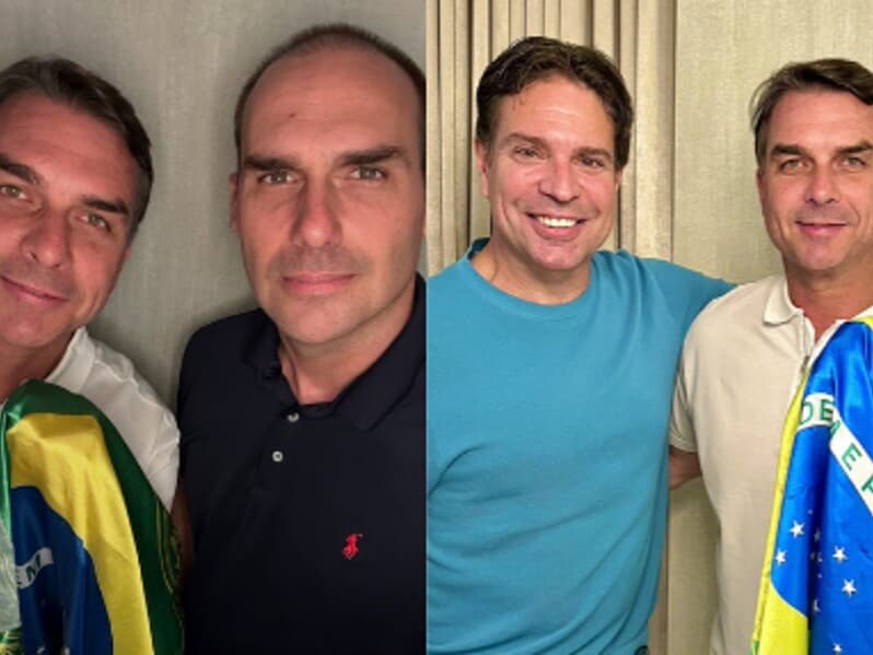 Nos EUA, Flávio reencontrou o irmão e o ex-diretor da Abin, ambos condenados pelo STF. - Reprodução / X / Instagram
